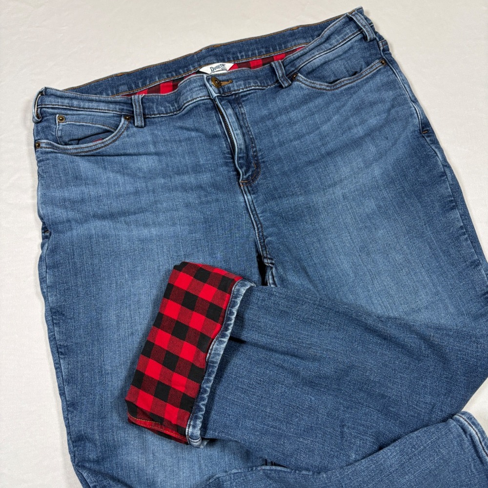 Duluth Trading Co Jeans Women 18 Flannel Lined Blue Buffalo Plaid Straight Leg